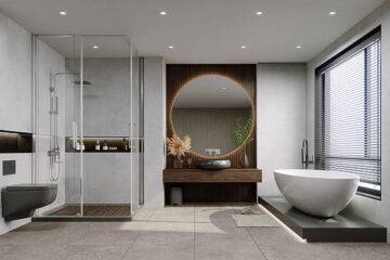 Arquitectura de baño con amplitud visual